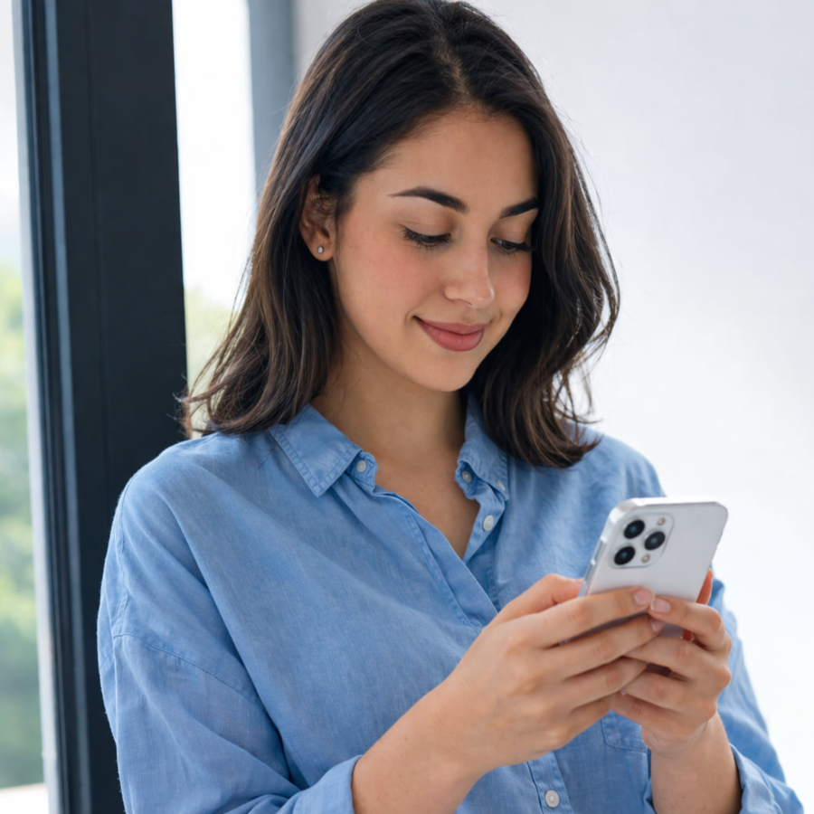 Eine junge Frau steht am mit einem Smartphone am Fenster und bucht online einen Termin.