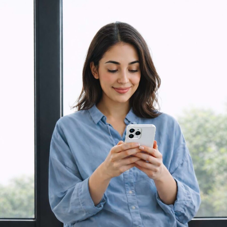 Eine Patientin steht vor einem hellen Fenster und schaut auf ihr Smartphone.