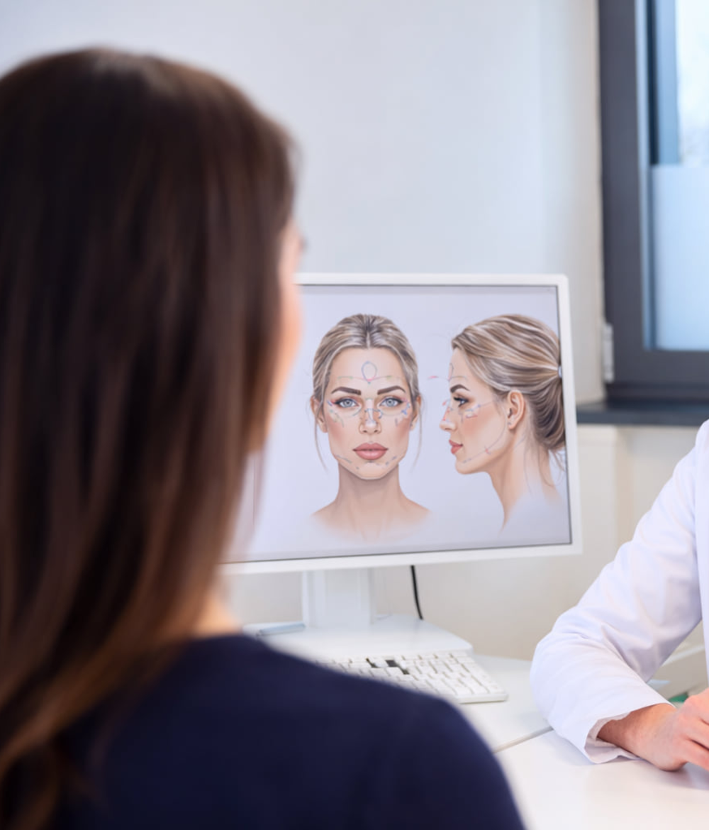 Die Mimik einer Patientin wird vor einer &auml;sthetischen Behandlung genauestens von der Behandlerin anaylsiert.