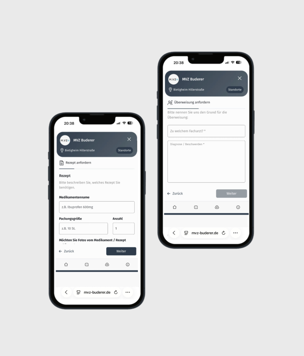Mock-up eines iPhones, auf dem die Online Rezept- und &Uuml;berweisungsbestellung des MVZ Team Buderer zu sehen ist.
