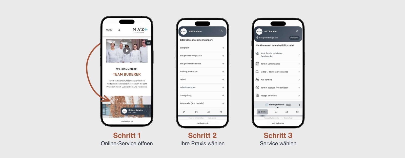 Mock-up, das drei Smartphones mit Screenshots der Online-Rezeption zeigt, um den Prozess und die Vorteile der Online-Rezeption im MVZ Team Buderer zu erkl&auml;ren